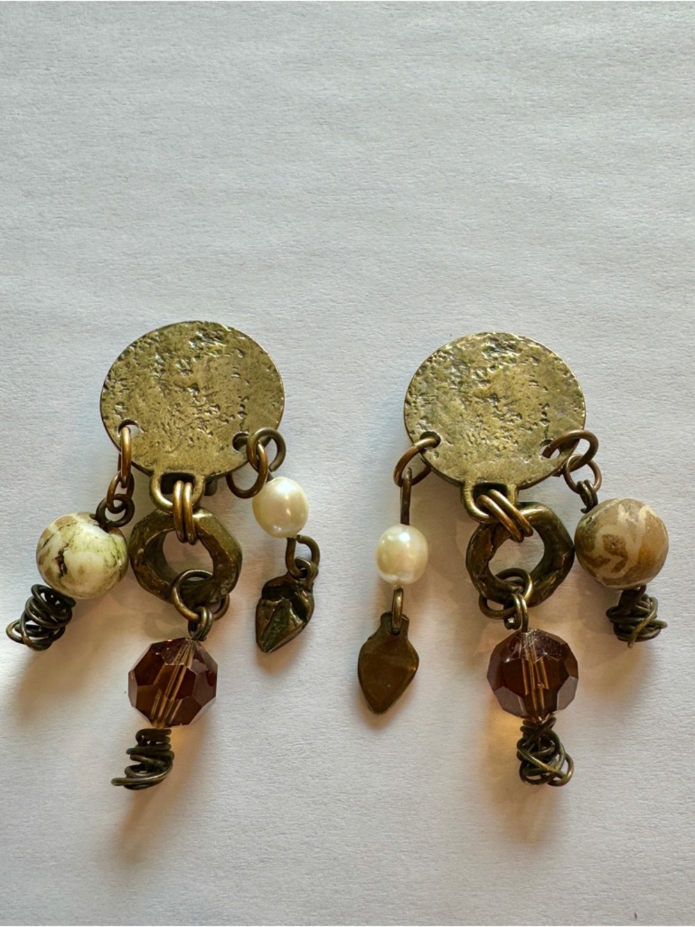 Hand-Crafted Bronze and Pearl Dangle Earrings